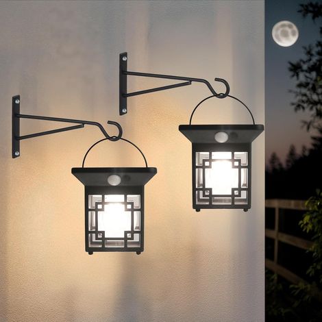 Lanternes Murales Solaires, Lumière Vintage Extérieure, Lanternes de Jardin LED Suspendues avec Capteur, 3 Modes d’Éclairage, Étanche IP65 pour Garage, Jardin, Cour, Terrasse, Noir (Pack de 2) (1/5)