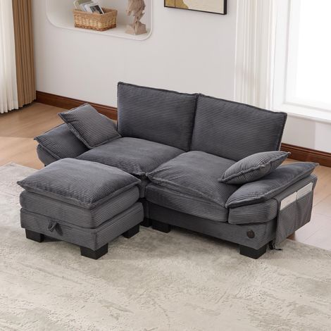 Canapé modulable en velours côtelé (avec repose-pieds) – Assise spacieuse et ergonomique avec rembourrage en mousse haute densité, port USB-C et poches latérales. Idéal pour le salon, (1/5)