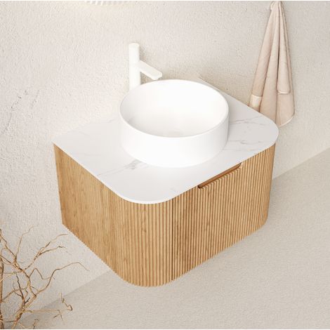 Mueble lavabo de pared con lavabo de cerámica, encimera de piedra sinterizada y cajón, madera natural y blanco (1/5)
