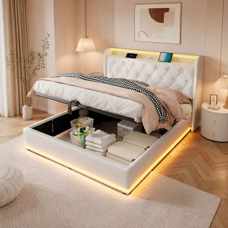Lit coffre LED 140x200 cm - lit double capitonné avec rangement hydraulique - LED 360° - USB Type-C - commande appli et télécommande - PU - blanc (1/5)