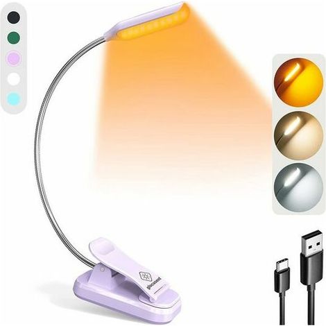 Lampe de Lecture, Lampe à pince, Lampe Chevet, Mini lampe de lecture livre, 3 couleurs et 3 niveaux de luminosité, Lumière de livre légère, Violet, KINSI