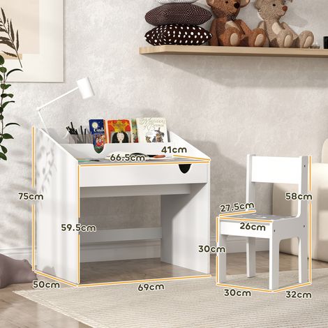 Ensemble table et chaise pour enfants de 3 à 6 ans (avec étagère de rangement et tiroir), en bois gris. (1/5)