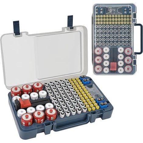 Boîte de rangement pour piles avec testeur - Pour plus de 120 piles AA, AAA, 9 V, C, D, lithium, CR2025, CR1632 et CR2032 - Design mural - Bleu (piles non incluses) (1/5)