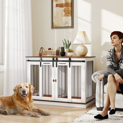 Cage de transport pour chien à 2 portes, style rustique, verrouillable, blanche