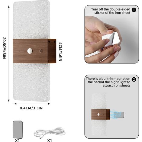 Lumière murale d'ambiance, détecteur de mouvement, rechargeable sans fil, rectangle en noyer