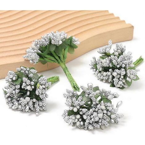 Étamines, fleurs artificielles, mini-fleurs fausses pour décoration intérieure, décoration de mariage, scrapbooking, guirlandes, loisirs créatifs, accessoires cadeaux12 pièces argent (1/5)