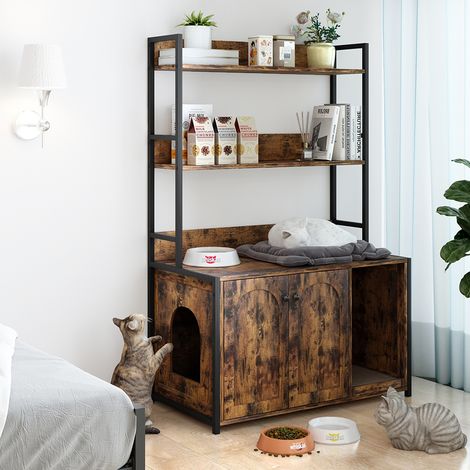 Bac à litière pour chat avec étagères, meuble en bois dissimulé avec 2 portes, abri d'intérieur pour chat avec griffoir, avec la plupart des présentoirs de rangement pour chats - Marron (1/5)
