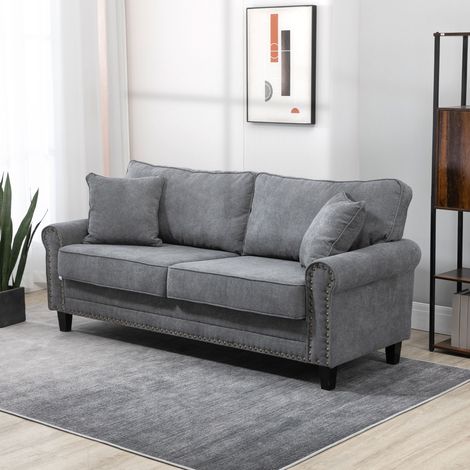 Sofá de 3 Plazas con Tachuelas Oro Envejecido Tapizado en Poliéster con 2 Cojines Decorativos 196x80,5x89 cm Gris (1/5)