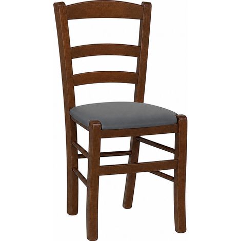 Chaise rustique en bois noyer foncé avec assise rembourrée gris anthracite (1/5)