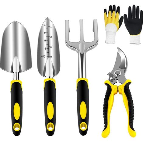 Kit Giardinaggio, Attrezzi con Teste in Alluminio Robuste e Manici Ergonomici, Set con Cesoie, Pala, Piantatoio, Rastrello a Mano e Guanti (1/5)