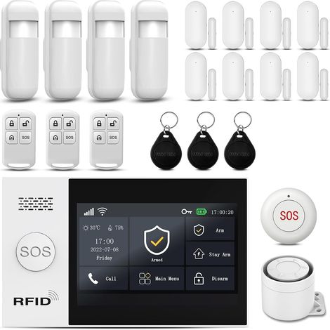 Écran Tactile 4,3" Alarme Maison sans Fil, 4G/WiFi Système d'Alarme, 21 Pack: 120DB Sirène, 8 Capteurs de Fenêtre et de Porte, 4 Détecteur de Mouvement (1/5)