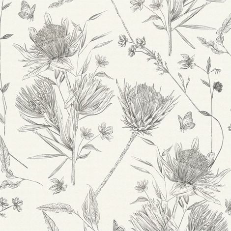 Papel pintado floral Profhome 394272 papel pintado vinílico estampado en caliente tejido non tejido ligeramente texturado con ornamentos florales mate blanco negro 5,33 m2 (1/5)