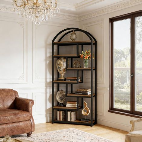 Libreria H180 cm nero e marrone rustico in MDF e metallo a 7 ripiani aperti (1/4)
