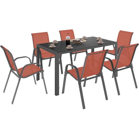 Idmarket – Ensemble table et chaises de jardin 6 places – Table 150 cm en verre trempé – Chaises empilables en textilène – Structure en acier gris