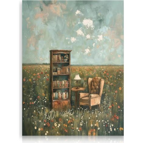 Affiche Coin Lecture Vintage, Tableau Toile Bibliothèque Canapé Dans Champ De Fleurs Sauvages Pour Salon Bureau 30x40 Cm Sans Cadre (1/5)
