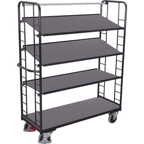 VARIOfit Etagenwagen mit Seiten aus Drahtgitter, Rohrschiebegriff und 3 neigbaren Etagenboden 1355x550mm Anthrazitgrau RA 7016 (1/3)