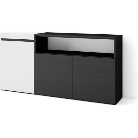 Skraut Home - Buffet salon et cuisine, Meuble de Rangement, Commode, 150x75x35cm, 3 Portes, Meuble chaussure, Style moderne, Blanc et noir (1/5)