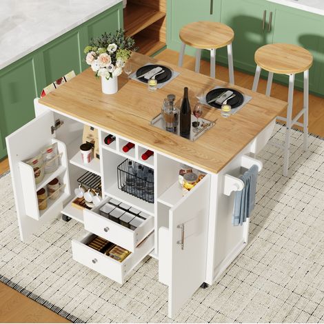 Carro de cocina con 2 taburetes, encimera plegable y ruedas, MDF y metal, blanco, OKWISH (1/5)
