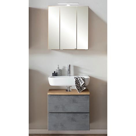 Waschbeckenunterschrank mit Spiegelschrank, 60cm, LED Beleuchtung, VASTO-03-CONCRETE, Wotan Eiche Nb. mit Beton Optik, B/H/T ca. 60/200/35 cm (1/5)