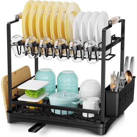Égouttoir Vaisselle 2 Niveaux avec Bac D'Égouttage, Égouttoir Grande Capacité avec Supports pour Tasses, Ustensiles et Planches À Découper, Égouttoir À Vaisselle Peu Encombrant (1/5)
