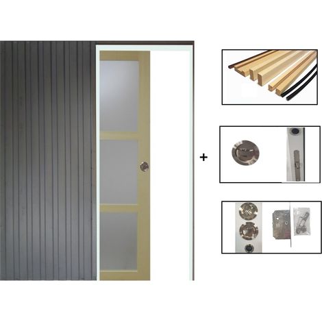 Porte Coulissante Bois Ayous Vitrée H204 X L93 + Système À Galandage Et Kit Finition Inclus