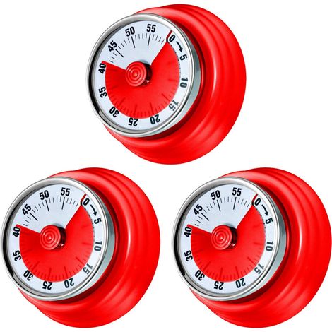 Temporizador mecánico de 3 x 60 minutos, temporizador visual magnético con alarma para cocina, repostería, deportes y niños (rojo). (1/4)