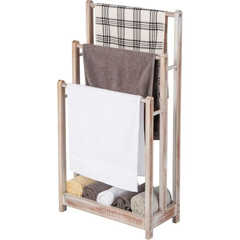 COSTWAY 3-Tier Wooden Towel Rack Freestanding 3 Bars Towel Drying Holder Storage Shelf (1/5)