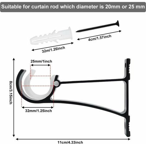 VURAHOME - Lot de 4 supports de tringle à rideaux - Support mural robuste - En métal - Avec vis et colle - Pour tringle à rideau (1/4)