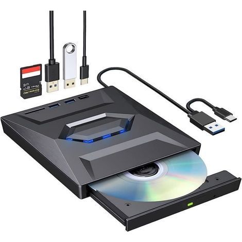 Lecteur - Graveur CD DVD Externe USB 3.0 Ultra Slim + Type-C Port + SD Card Lecteur ROM +--RW pour PC Mac Windows 11-10-8-7 (1/4)