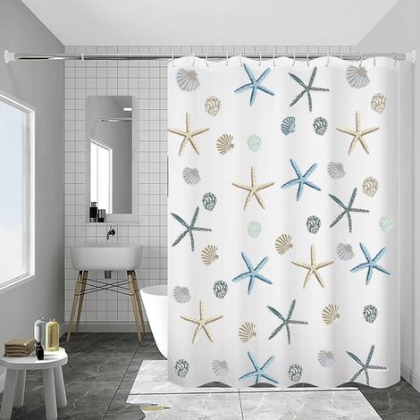 PEVA Ocean Star Pattern Rideau Douche À L'eau En Métal Avec Boutonnière Imperméable, 12 Crochets, Idéal Pour Les Familles, Les Dortoirs, Les Appartements (1/5)