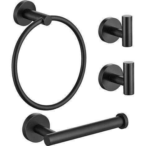 Lntyq Badezimmer-Hardware-Set, 4-teilig, mattschwarzer Edelstahl, inklusive Handtuchhalter und 2 Handtuchhaken, Badezimmer-Wandbefestigung (1/5)
