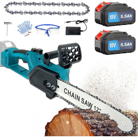 Motosega elettrica con filo, Motosega a batteria, Motosega a batteria da 12 pollici, Taglialegna elettrica portatile + Catena +2x Batteria da 5,5 A + Caricabatterie, Compatibile con Batteria Makita