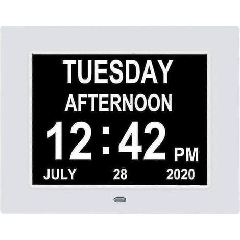 Horloge numérique calendrier avec grand écran, date, heure et jour de la semaine, adaptée aux personnes âgées malvoyantes et atteintes de démence, avec batterie de secours et 8 alarmes. (1/5)