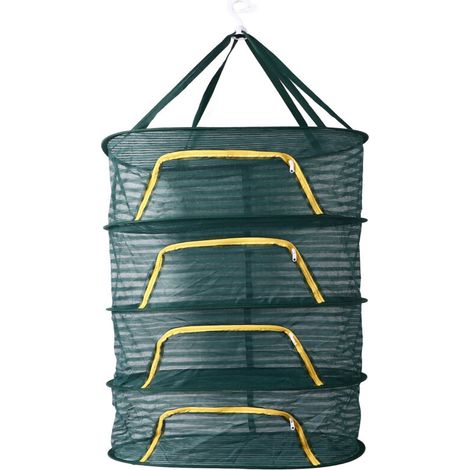 Séchoir à herbes 4 étages avec fermeture éclair en U, maille fine élastique, pliable et de couleur vert foncé pour plantes, herbes et graines. (1/5)