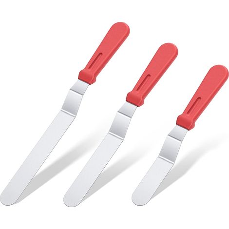 Spatule Coudee Patisserie Lot de 3, Glaçage Gâteaux Spatule Décalée en Acier Inoxydable 18/0 avec Poignée en Plastique PP, Lame de 15 cm/20 cm/25 cm (Rouge) (1/5)