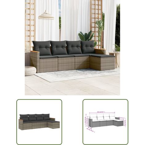 The Living Store Salon de jardin 5 pcs avec coussins gris résine tressée - Ensemble Salon De Jardin - Salon De Jardin Extérieur - Meuble De Jardin - Canapé De Jardin - Résine Tressée (1/3)