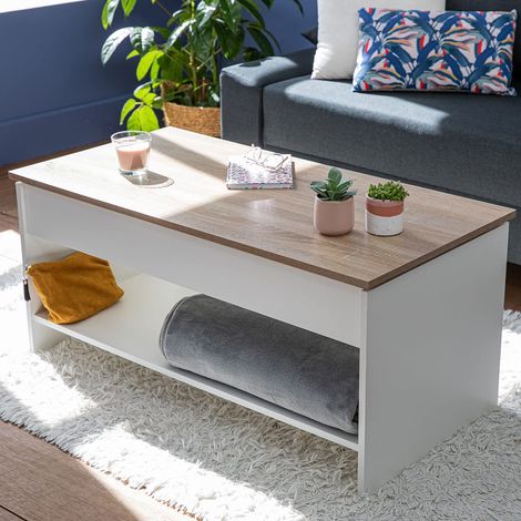 Table Basse Moderne avec Plateau relevable Blanche et Bois. Table de Salon en Bois avec Rangement. Table rectangulaire avec étagère. (1/5)