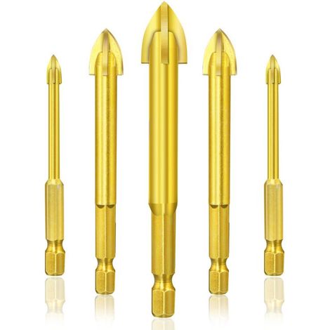 Forets pour Verre, Céramique, Carreaux, Cristal en Acier de Tungstène, avec Queue Hexagonale, Revêtement en Titane, 3mm, 4mm, 5mm, 6mm, 7mm Lot de 5 (1/5)