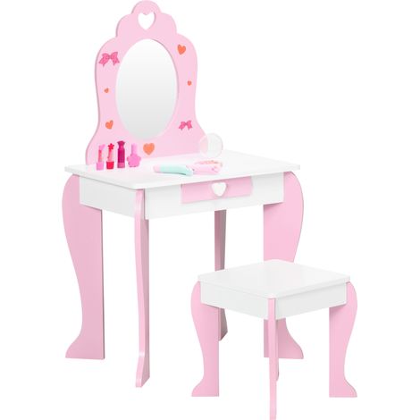 Coiffeuse rose 50x36,5x89,5 cm en bois avec tabouret, miroir et 1 tiroir pour 3 à 6 ans, design enfant compact et ludique pour chambre et maquillage