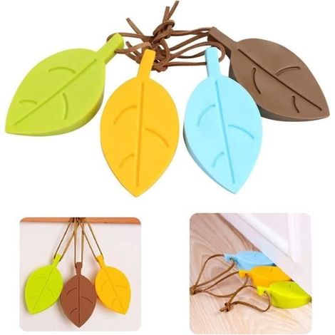 Autoir de porte,4 Pcs Arrêts Cale de Porte, Décorative en Silicone en Forme Feuille Silicone Porte Stopper avec Lanière,9.5 x 5cm (1/4)