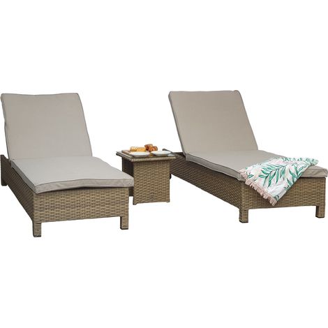 Signature Weave Sarena Wicker 2x Sun Lounger Bed Chair & Side Table Natural (1/2)