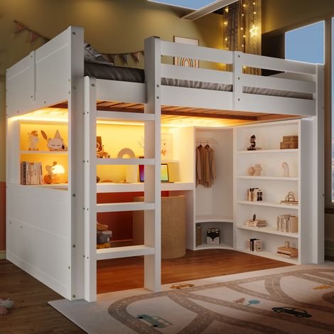 Lit mezzanine 140x200 cm avec LED, bureau et rangements, en bois, blanc, sans matelas (1/5)