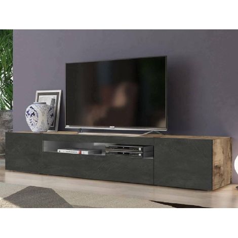 Dmora Mueble para TV para sala de estar, Made in Italy, Mueble para TV con 3 puertas y estantes, cm 200x40h37, color arce y pizarra, con embalaje reforzado (1/4)
