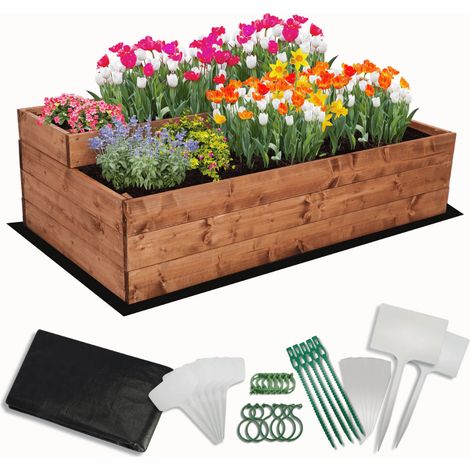 MODO24 Carré potager surélevé en bois, 2 niveaux en cascade, 36x117x63 cm, jardin/terrasse, kit jardinier inclus, brun imprégné