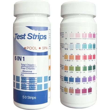 Lot de 50 Bandes de Test, 6 En 1 Bandes Spa Et Piscine, Bandes Test Eau pour Tester Chlore Libre, Le Brome, la dureté Totale, l’alcalinité Totale, l’Acide cyanurique et Le pH (1/5)