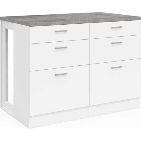 Idmarket – Îlot central mange-debout 120 cm – Casserolier 6 tiroirs blanc – Plan de travail effet béton – Pour cuisines ouvertes et petits espaces (1/5)