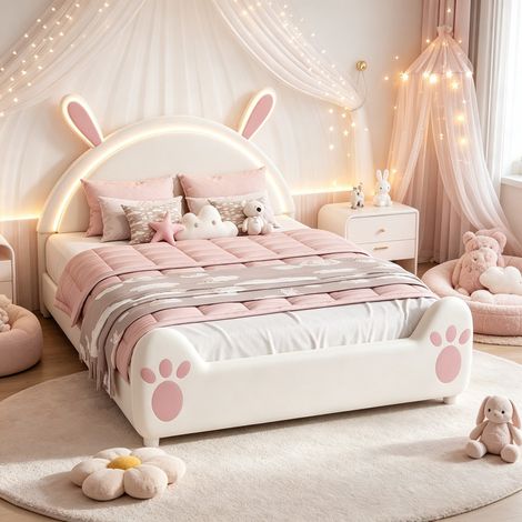 Lit Enfant Fille 140x200 avec LED, Lit Cartoon avec Tête de Lit Oreilles de Lapin, Lit Double Sommier à Lattes,Velours Rose et Blanc (1/5)