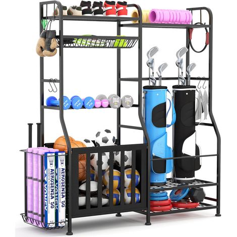 Garage Sport Equipment Organizer, Ball Storage Cart with Hook, Steel Sport Rack for Basketball, Football, Golf, Toys, Dumbbells, Mental All-in-One Yoga Mat Holder (1/5)