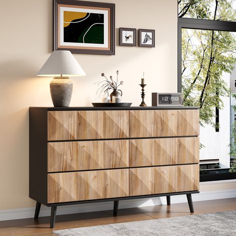 Modernluxe – Buffet 120 x 40 x 85 cm – 6 tiroirs – Structure en fer – MDF et panneaux de particules – Couleur naturel et noir – Assemblage facile (1/5)