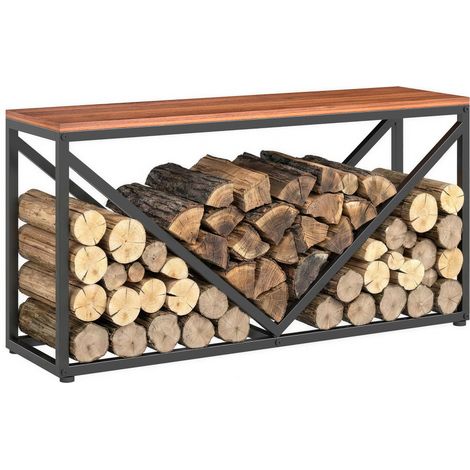 Range-bûches d'intérieur 2 en 1 98 x 28 x 50 cm. surélevé. avec étagère. séparateur et table d'appoint (1/5)